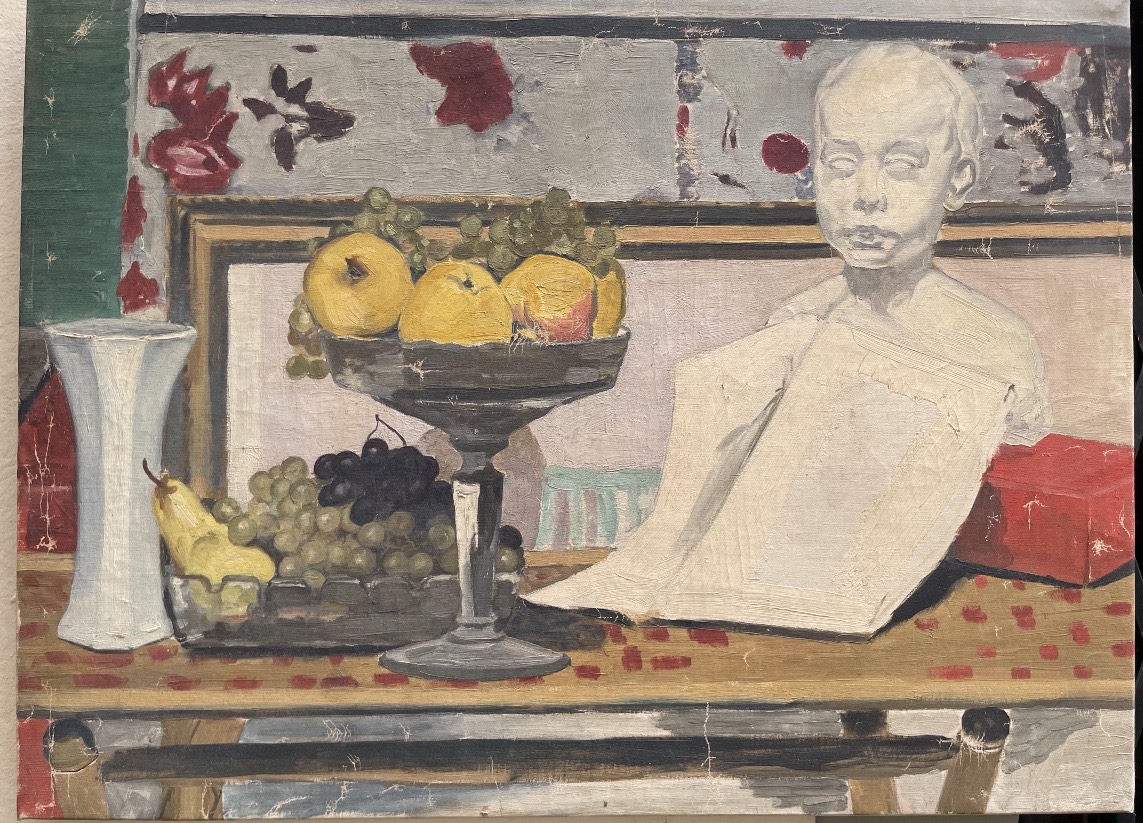 Henry Déziré (1878–1965), Nature morte d’atelier au buste et aux fruits . cm  81 × 6
