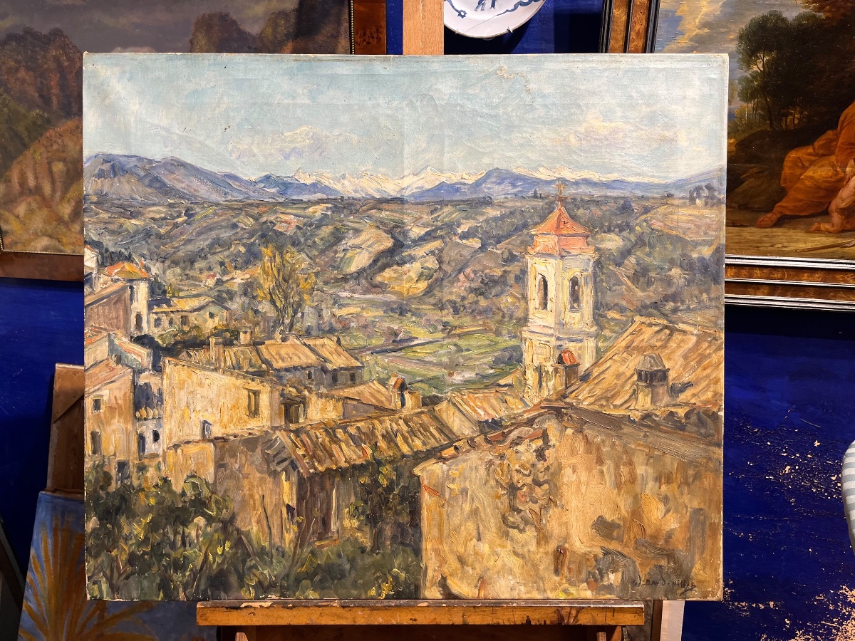 Germain David-Nillet (Parigi, 1861–1932) Veduta di borgo e paesaggio montano, firmato -photo-1