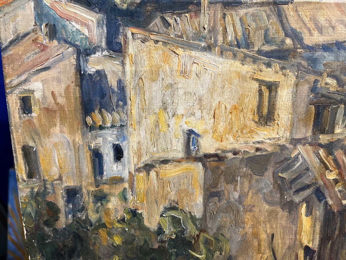 Germain David-Nillet (Parigi, 1861–1932) Veduta di borgo e paesaggio montano, firmato -photo-2