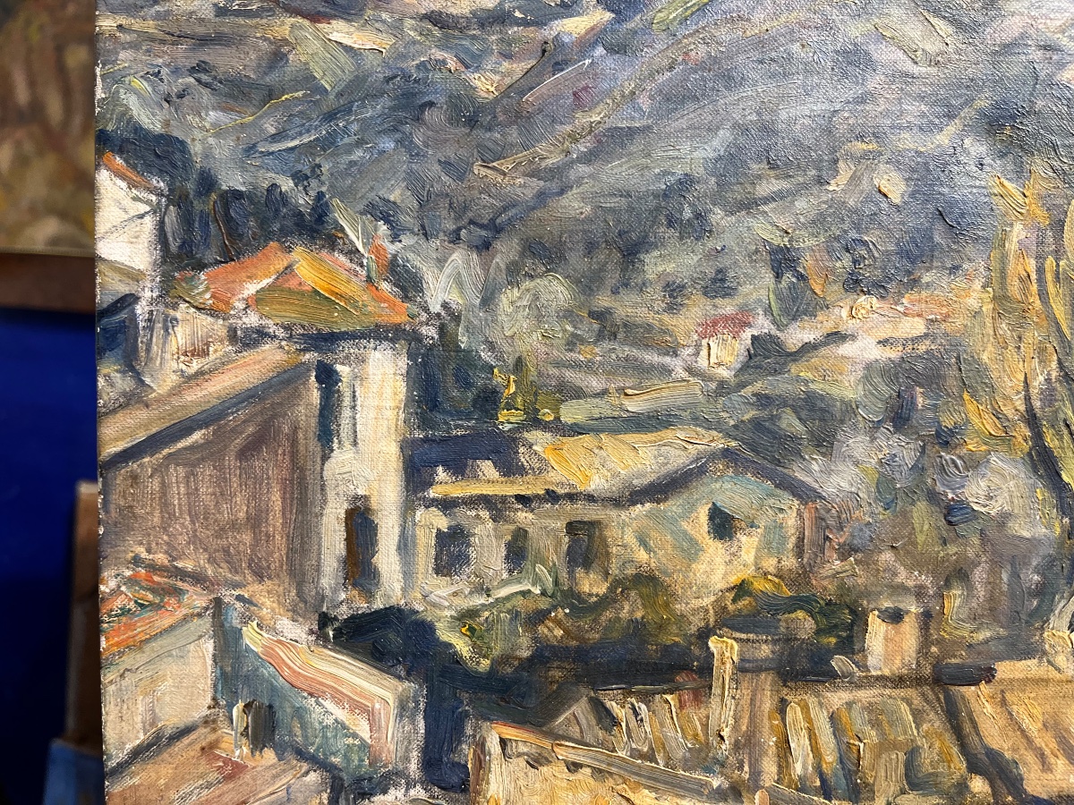Germain David-Nillet (Parigi, 1861–1932) Veduta di borgo e paesaggio montano, firmato -photo-4