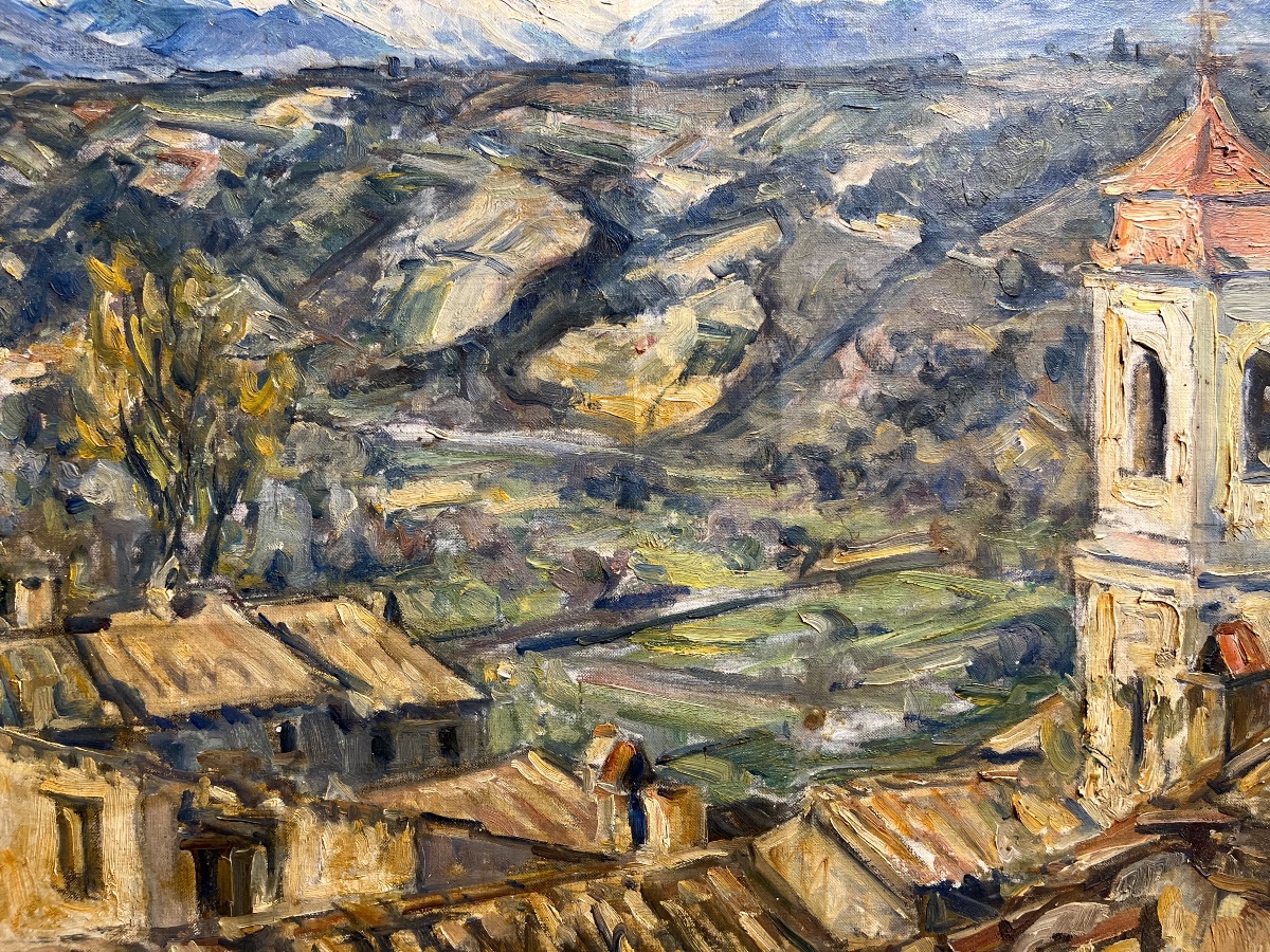 Germain David-Nillet (Parigi, 1861–1932) Veduta di borgo e paesaggio montano, firmato -photo-6