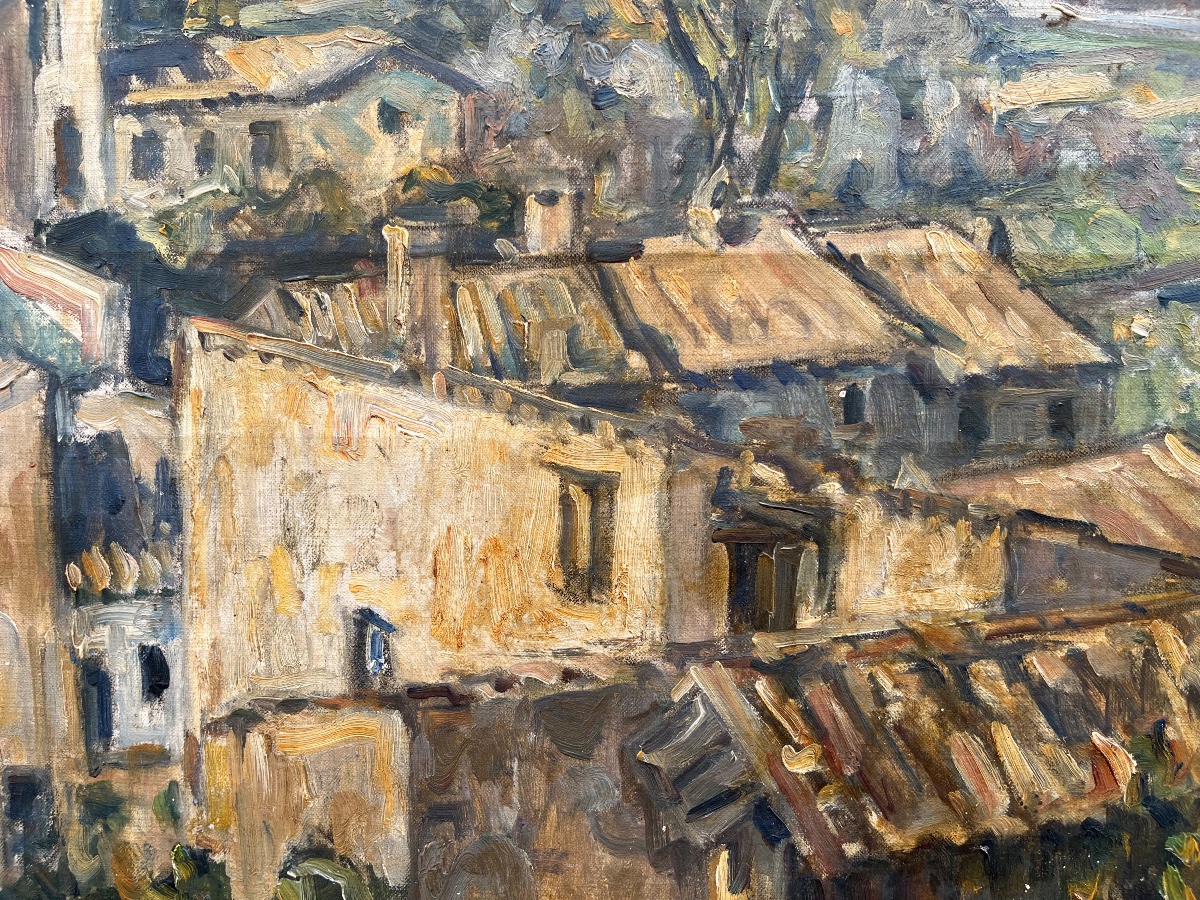 Germain David-Nillet (Parigi, 1861–1932) Veduta di borgo e paesaggio montano, firmato -photo-7