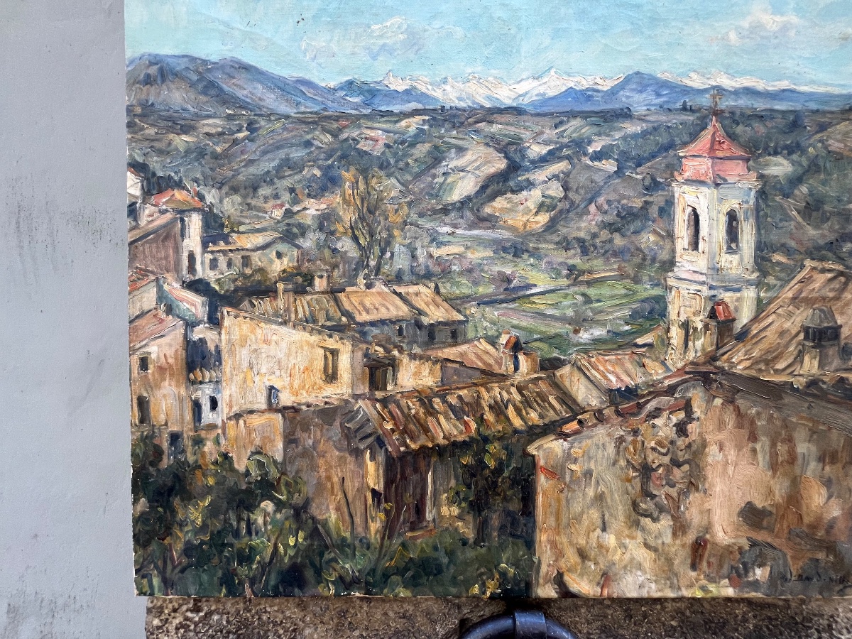 Germain David-Nillet (Parigi, 1861–1932) Veduta di borgo e paesaggio montano, firmato 