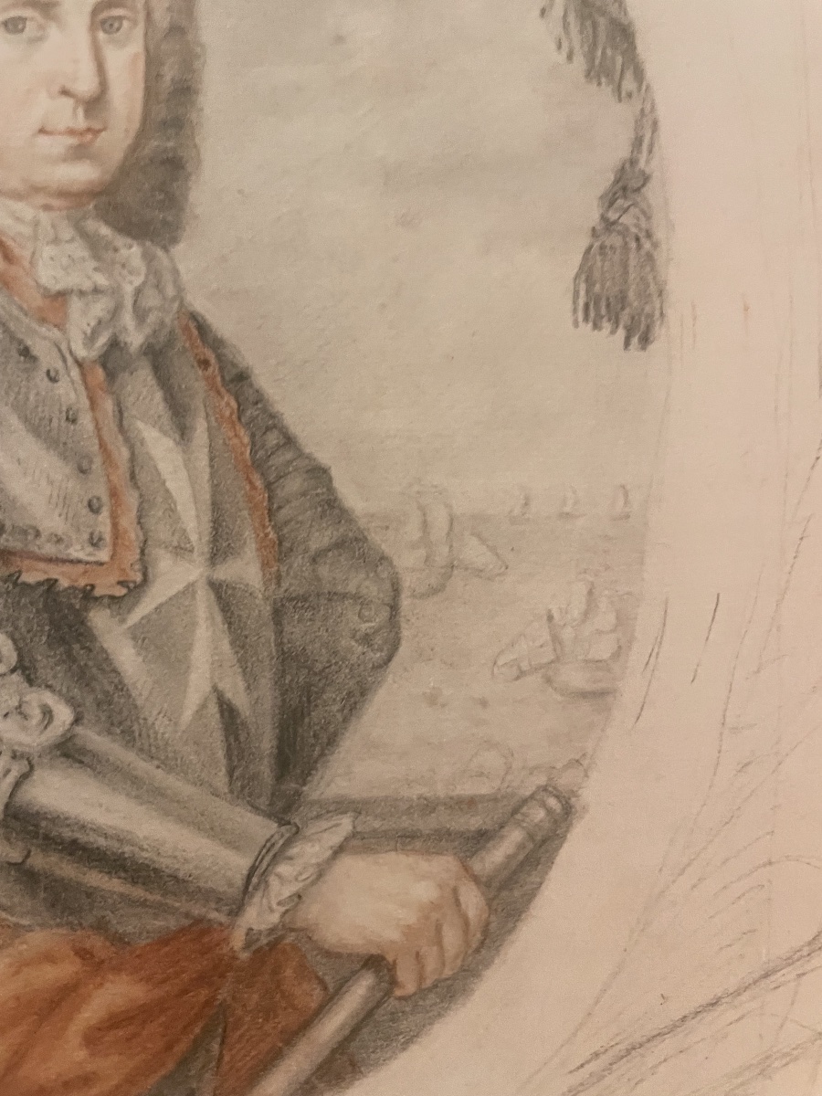 Dessin XVIIIe, Grand Maître de Malte Ramón Perellós, étude préparatoire pour une estampe -photo-3