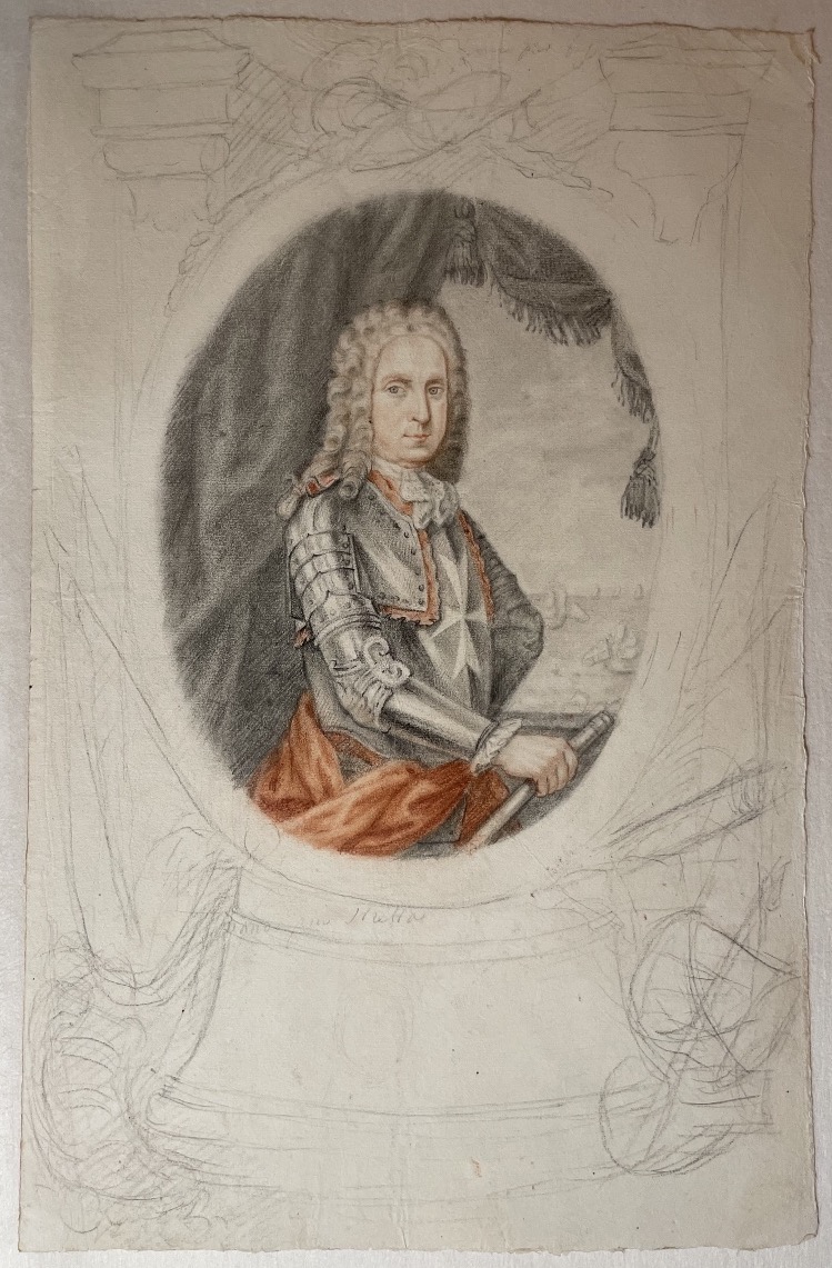 Dessin XVIIIe, Grand Maître de Malte Ramón Perellós, étude préparatoire pour une estampe 