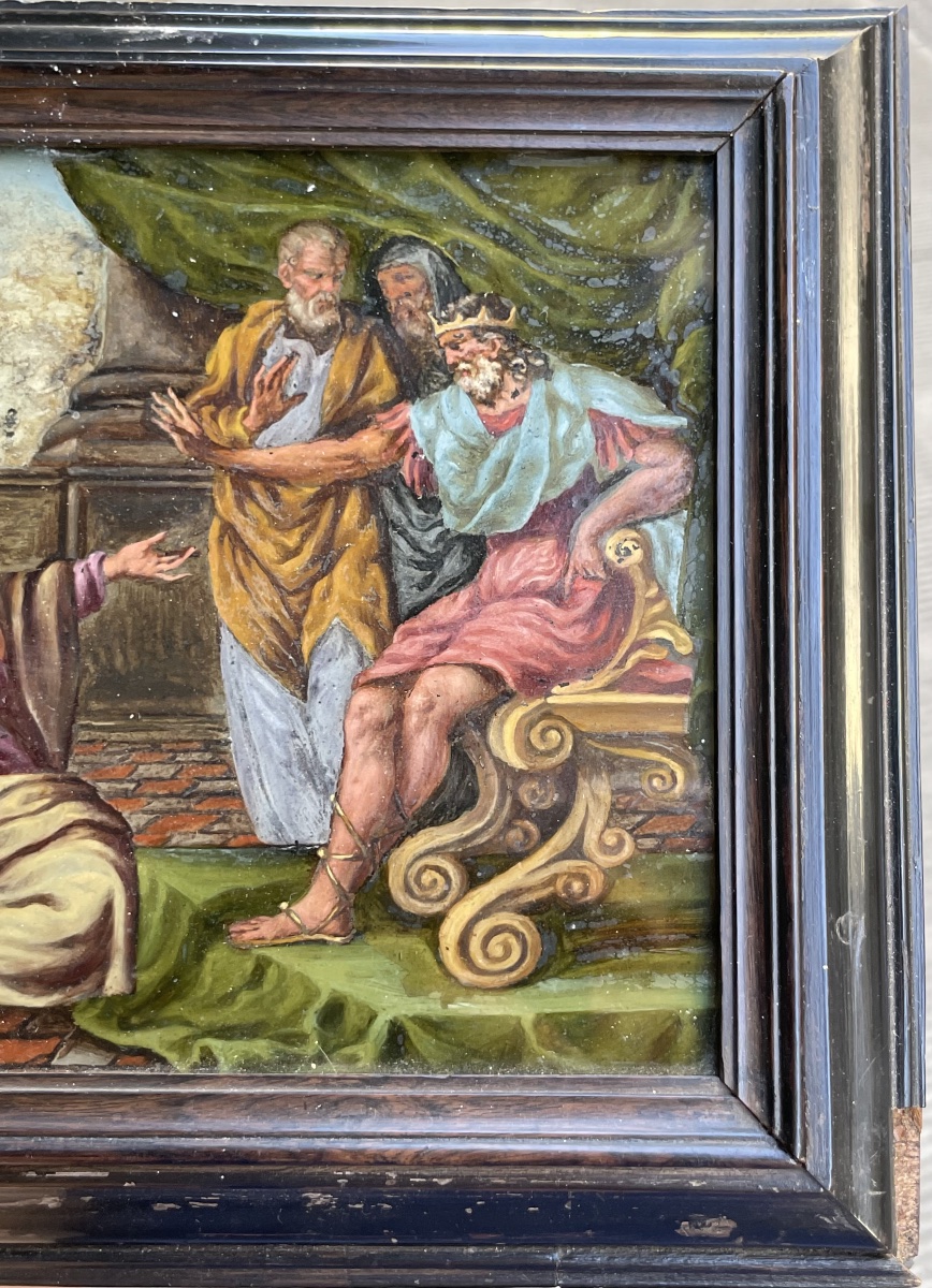 XVIIe siècle – Ancien Testament, Moïse et Aaron devant Pharaon, sous verre, cadre original-photo-6