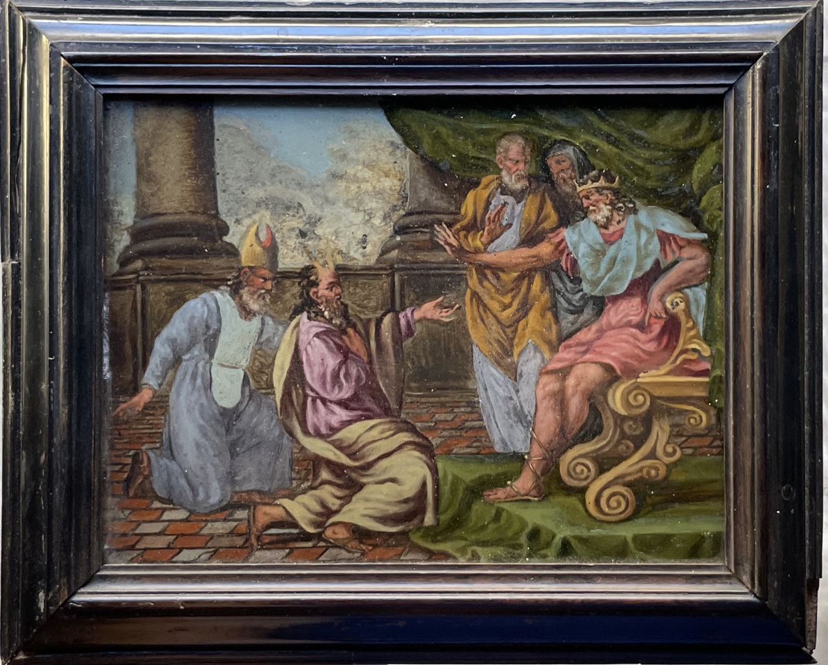 XVIIe siècle – Ancien Testament, Moïse et Aaron devant Pharaon, sous verre, cadre original
