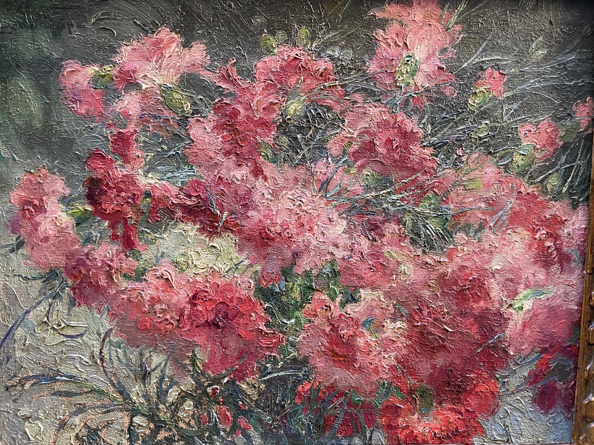 Nature morte au bouquet d'œillets roses – Cayo Guadalupe, école espagnole, début XXe siècle-photo-2