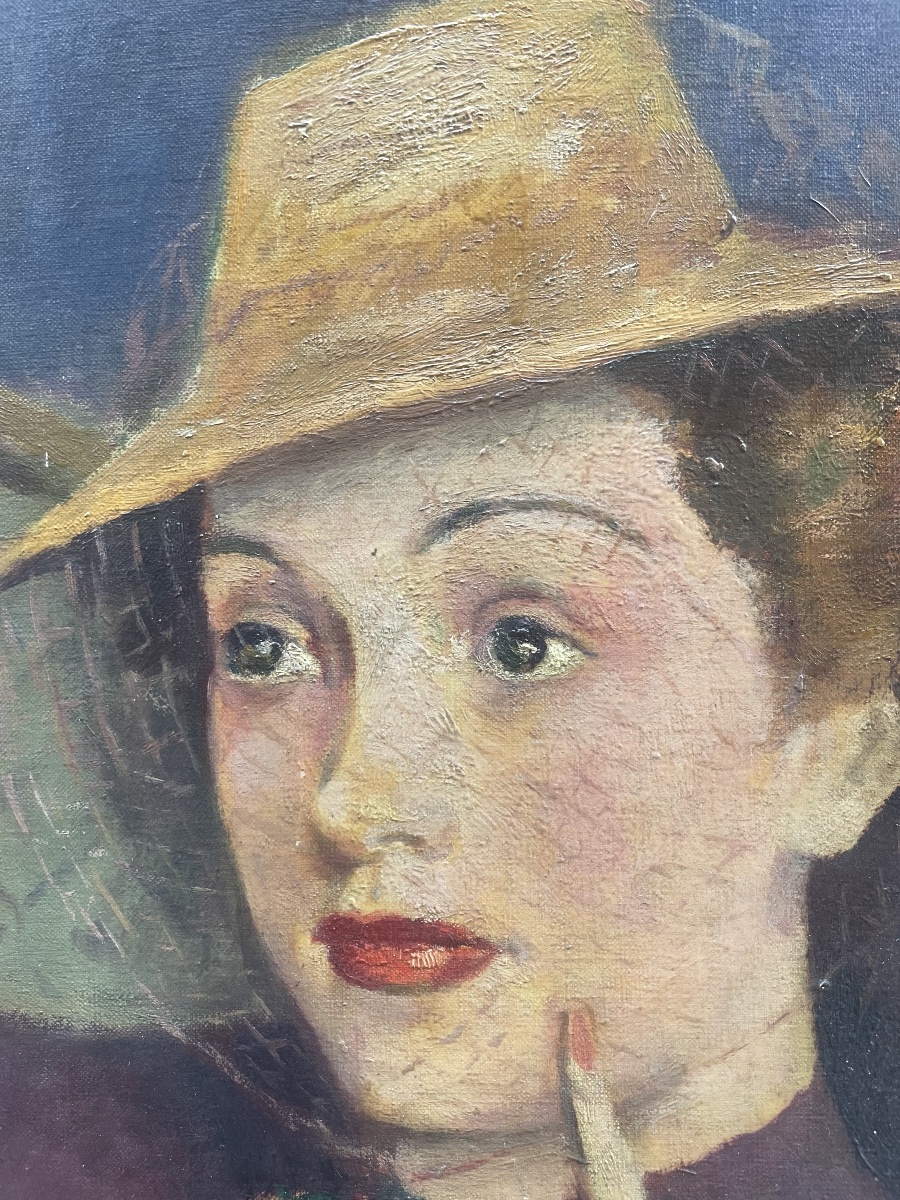 1940s. Portrait Of A Woman Wearing A Veiled Hat, French School, Signed Vanier  -photo-2