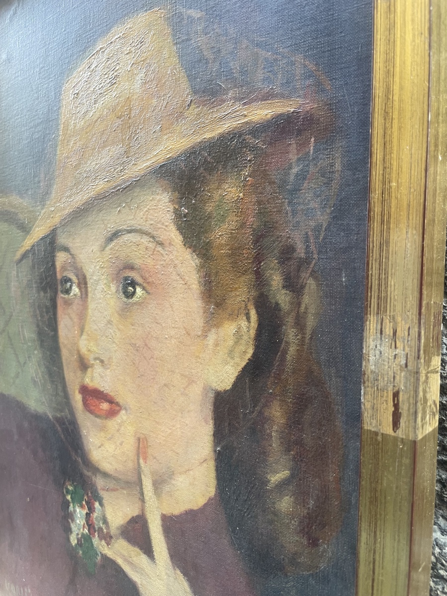 1940s. Portrait Of A Woman Wearing A Veiled Hat, French School, Signed Vanier  -photo-2