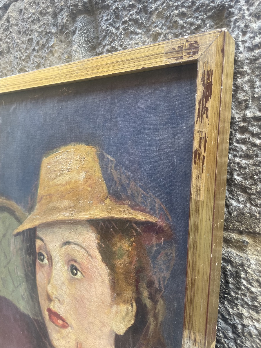 1940s. Portrait Of A Woman Wearing A Veiled Hat, French School, Signed Vanier  -photo-6