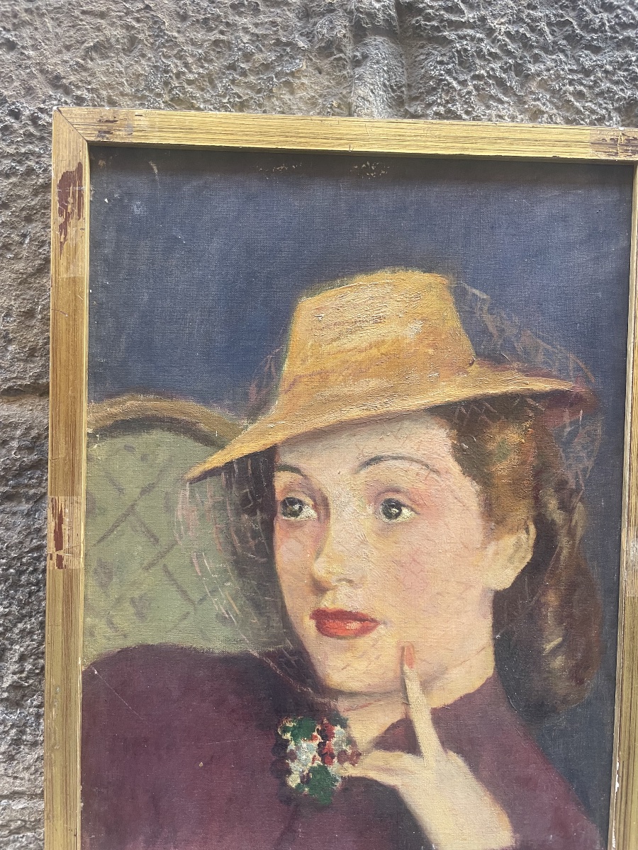 1940s. Portrait Of A Woman Wearing A Veiled Hat, French School, Signed Vanier  -photo-8