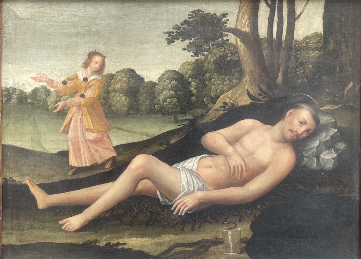Tentation de saint Benoît avec démon sous l’apparence d’une dame, franco-flamand, XVIIe siècle 