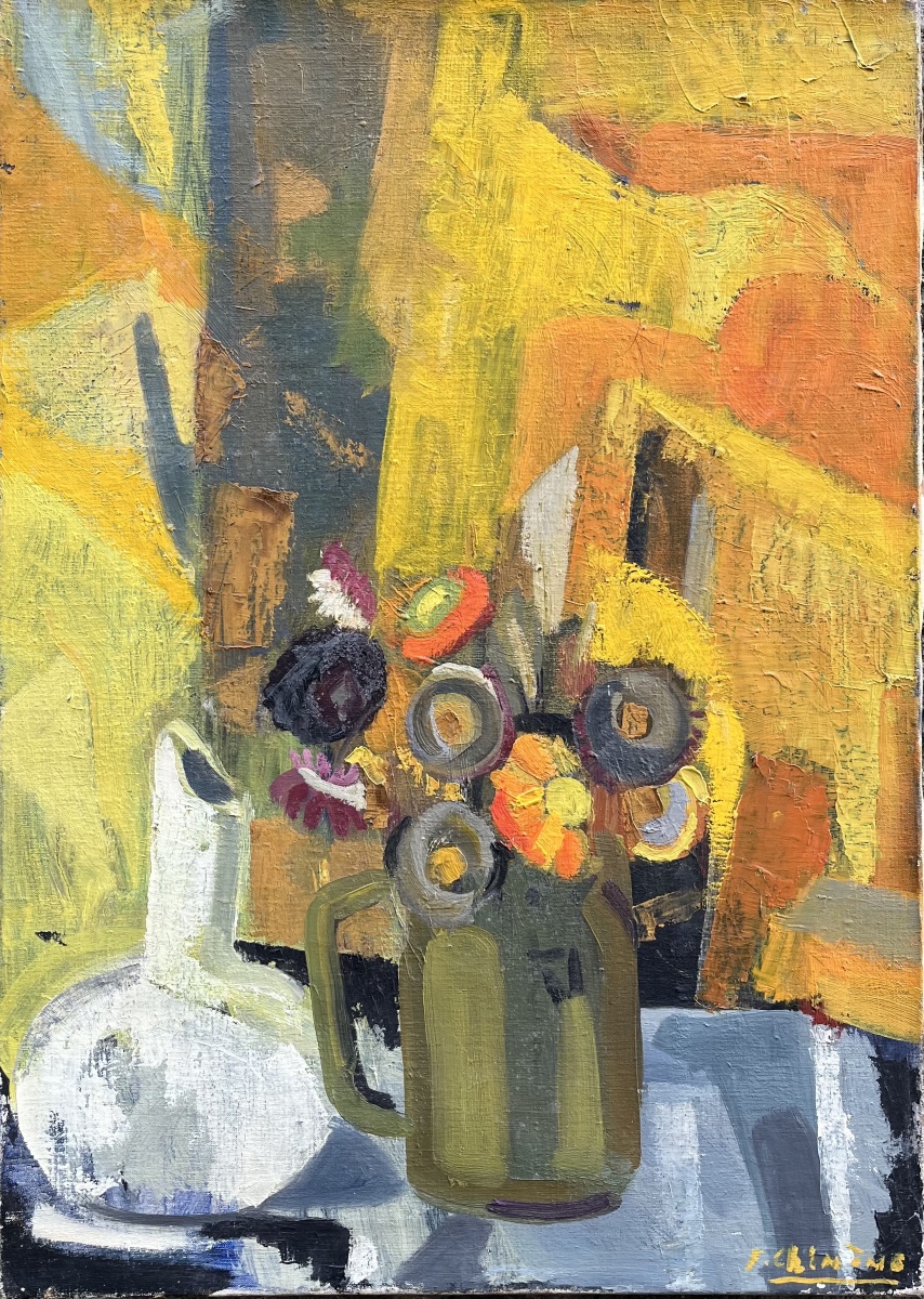 Francine Chimène, Nature morte aux fleurs, cruche blanche, tons jaunes, école française, 1970  -photo-2