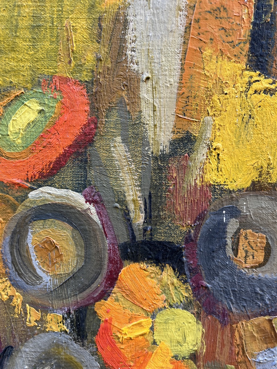 Francine Chimène, Nature morte aux fleurs, cruche blanche, tons jaunes, école française, 1970  -photo-4