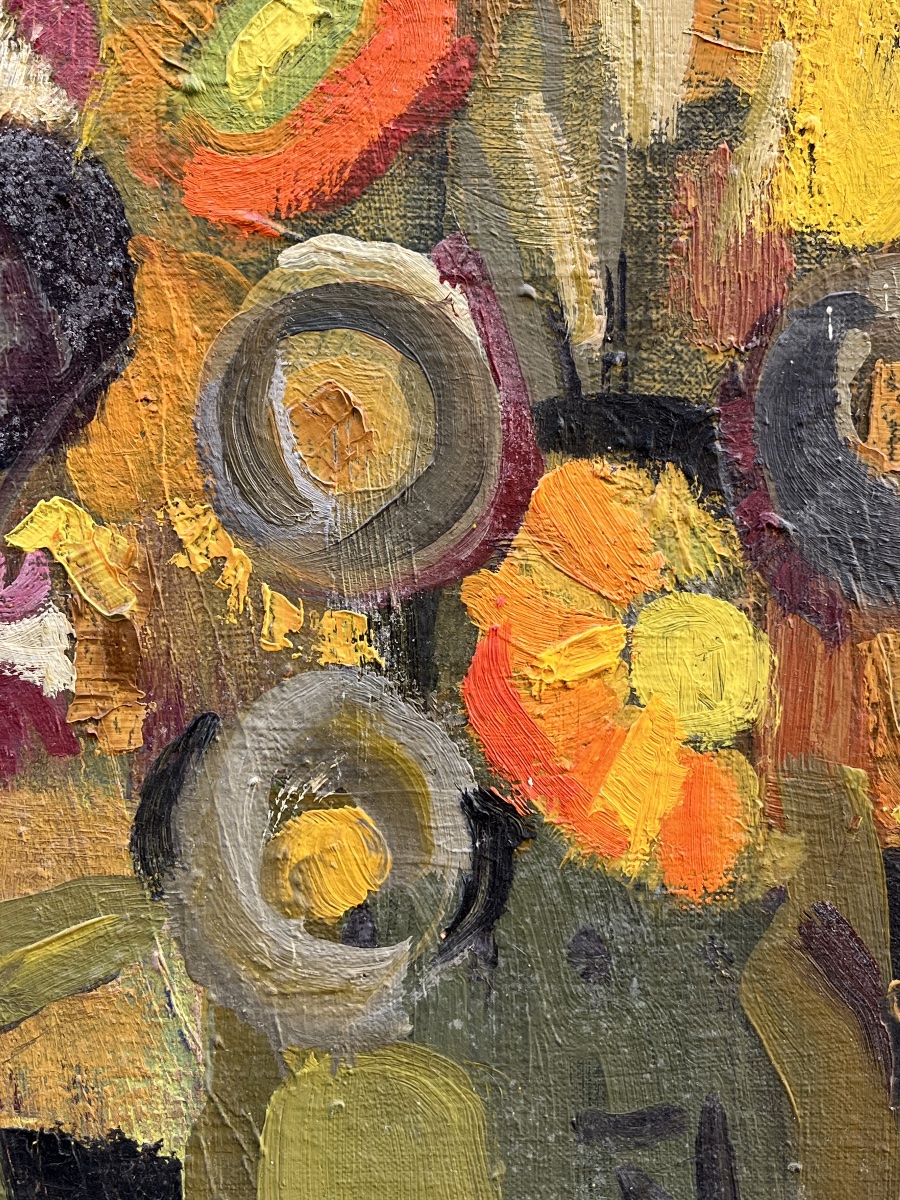 Francine Chimène, Nature morte aux fleurs, cruche blanche, tons jaunes, école française, 1970  -photo-6