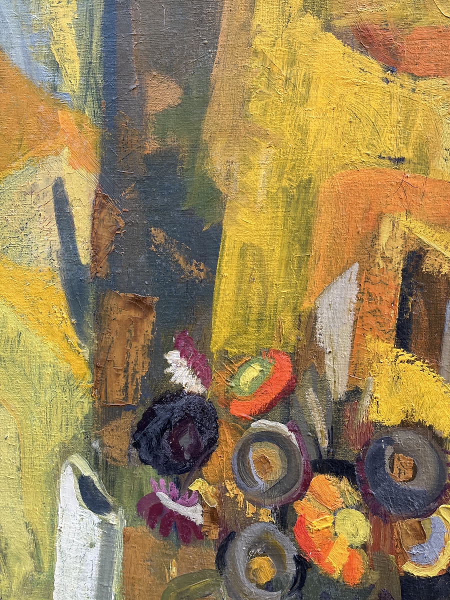 Francine Chimène, Nature morte aux fleurs, cruche blanche, tons jaunes, école française, 1970  -photo-7