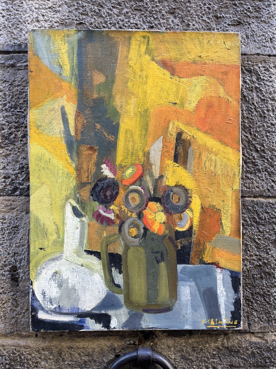 Francine Chimène, Nature morte aux fleurs, cruche blanche, tons jaunes, école française, 1970  