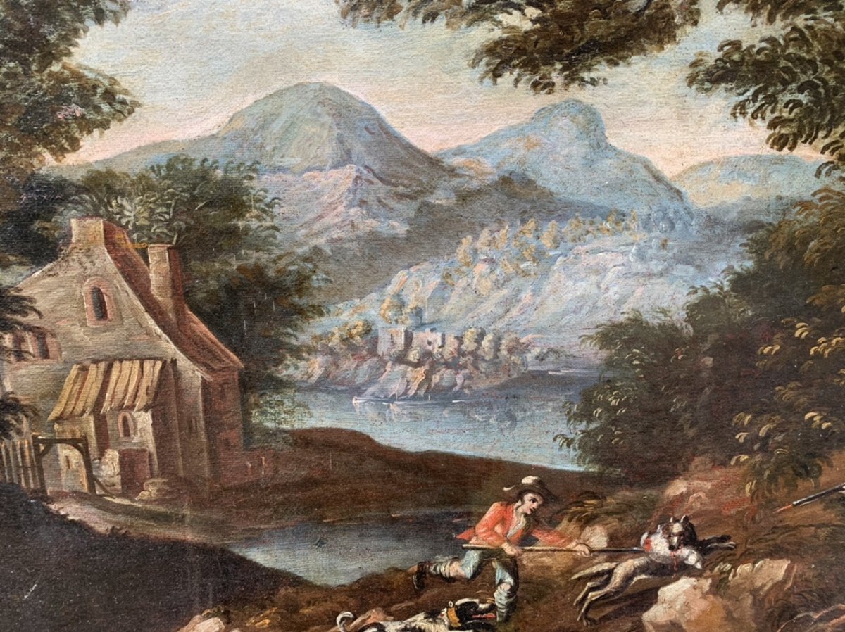 Landscape With Hunters By A Lake. XVIII Century.-photo-2