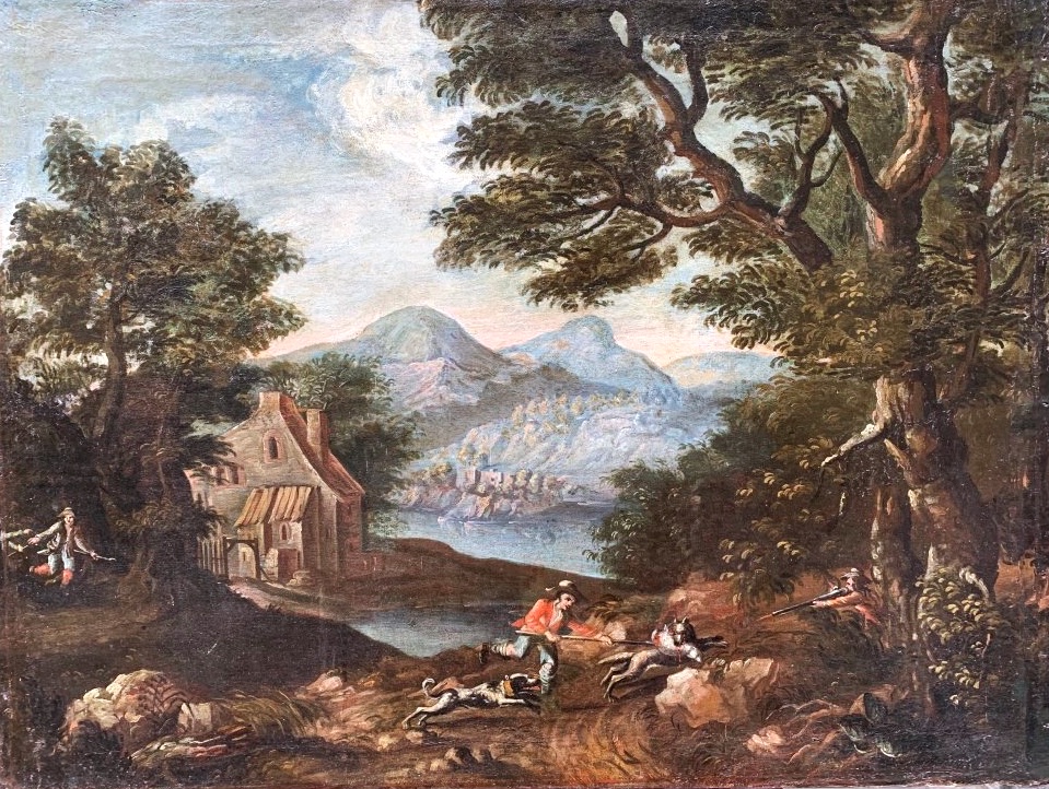 Landscape With Hunters By A Lake. XVIII Century.
