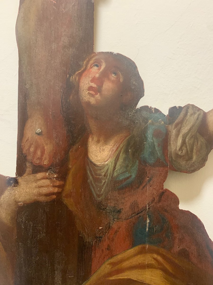 Crucifix With Magdalene. Oil Painting On Wood. XVIII Century.-photo-2