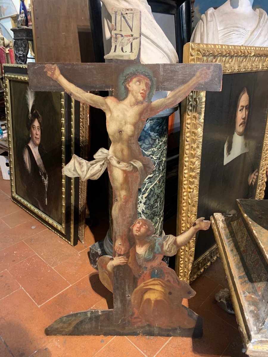 Crucifix With Magdalene. Oil Painting On Wood. XVIII Century.-photo-8