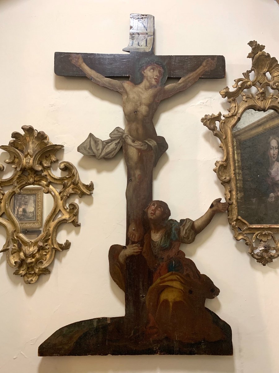 Crucifix With Magdalene. Oil Painting On Wood. XVIII Century.