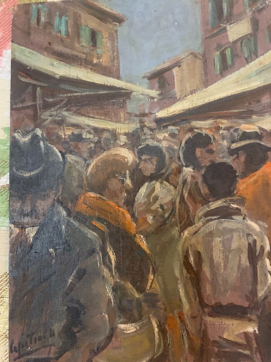 Market In Italian Town. Small Painting. 1950 Approx-photo-2