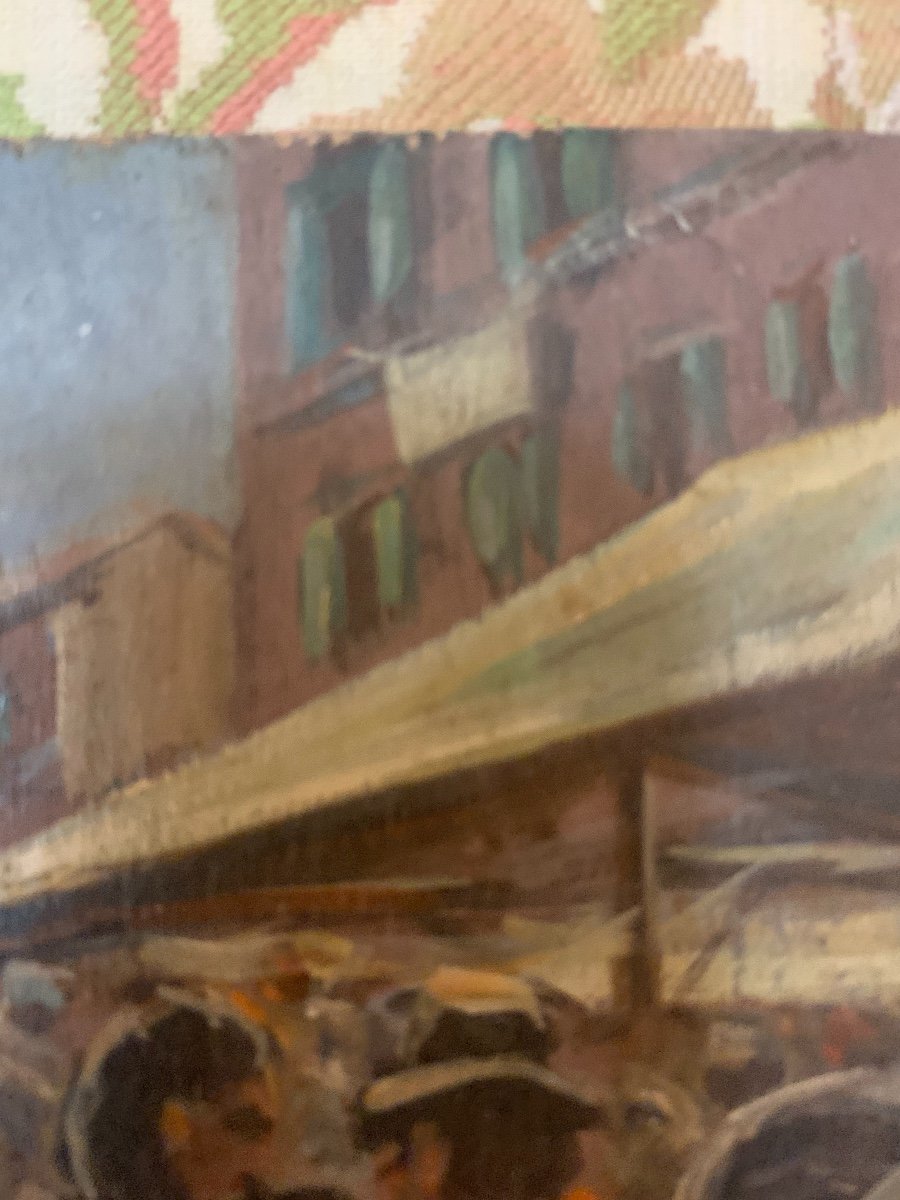 Market In Italian Town. Small Painting. 1950 Approx-photo-3