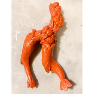 A Carved Coral Sculpture - Amulet  With Two Dolphins. XIX Century