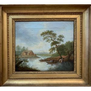 Georges Smith (1713–1776), suiveur. Paysage Fluviale Avec Maison à pan de bois. Fin XVIIIe