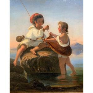 Small Neapolitan Fishermen. XIX Century. Gulf Of Naples With The Volcano Of Vesuvius.