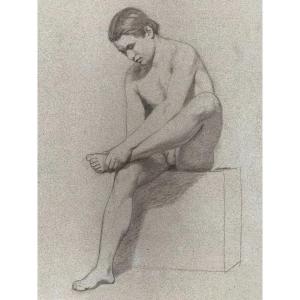 19th Century Italian School Drawing. Academic Study Of The Figure Of The Young Naked Man.