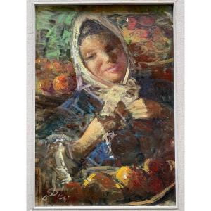 Girl With Fruit. Market. Year 1958. Signed Sergio Cirno Bissi (1902 - Florence, 1987).