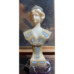 Rare Alabaster And Micromosaic Bust. Art Nouveau Era.