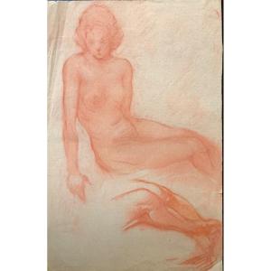 Study Of A Female Nude Figure. Sanguine Drawing On Paper. 