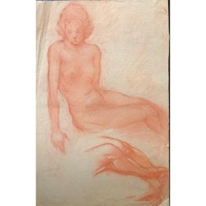 Etude d'Une Figure Féminine Nue. Dessin Sanguin Sur Papier. 