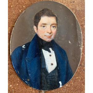 A Miniature Portrait Of An Elegant Man In A Black Tie, Pleated Shirt With Jewel Buttons. 1833