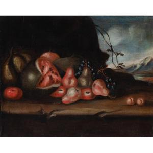 Still Life With Watermelon, Pears, And Grapes. Lombard School Of The 17th-18th Centuries.