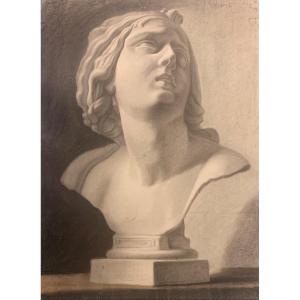 Academic Drawing Of Classical Bust Sculpture. XIX Century 