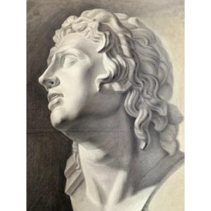 Alexander The Great's Bust. Italian Academic Drawing. 19th Century. 