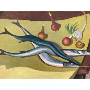 Jean Lachaud – Modernist Breton Still Life With Needlefish And Onions. France, 1930s