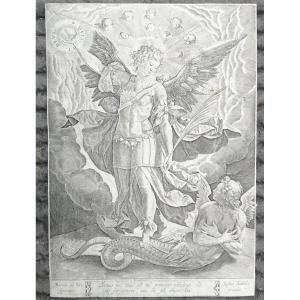 Saint Michel Archange et le dragon, gravure originale XVIe s. Sadeler d’après Maarten de Vos