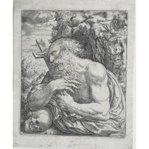Saint Jerome Penitent With Skull And Crucifix – Engraving By Oliviero Gatti, Early 17th C.