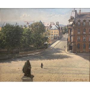 Vue d’une ville française avec pont, Sedan, Place Turenne, signe et date 1923, 68 × 58 cm