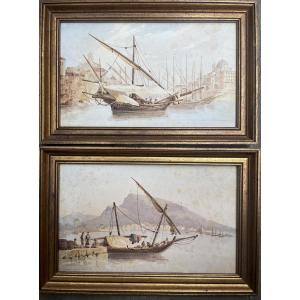 Vues de port orientalistes avec voiliers latins et figures levantines, paire d’aquarelles XIXe 