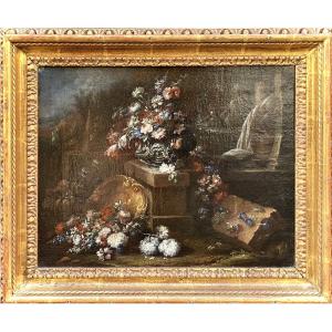 Gaspare Lopez, Attrib. Still Life With Fountain, Obelisk And Cascade Of Flowers, Naples, 1720 