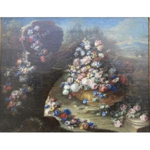 Gaspare Lopez, Attrib. Still Life With Large Vase And Cascade Of Flowers In A Garden, Ca. 1720
