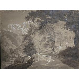Alpine Landscape Of The 19th Century, Traveller On A Mountain Path – Ink Drawing, Ca. 1840