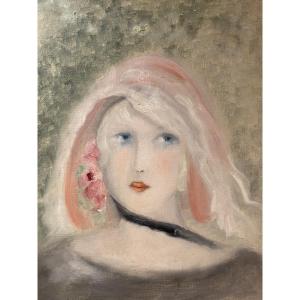 Suiveur de Marie Laurencin, portrait féminin à la rose, huile sur toile, 34,5 x 40,5cm